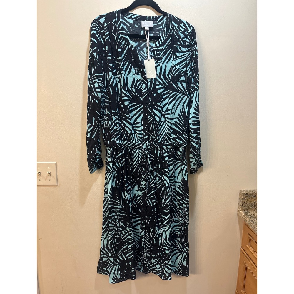 NWT Pure Collection Opal Leaf Printed Drawstring Dress Turquoise Black US 12